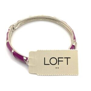 LOFT Thin Slim Silver Tone Purple Enamel Striped Hinged Bracelet Size 7 New